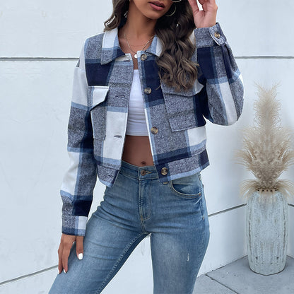 Womens Plaid Lapel Cropped Jacket