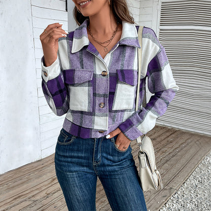 Womens Plaid Lapel Cropped Jacket