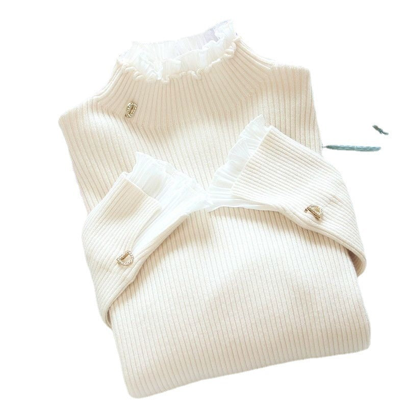 Half High Collar Bottom Sweater With Wooden Ear Edge Top For Women