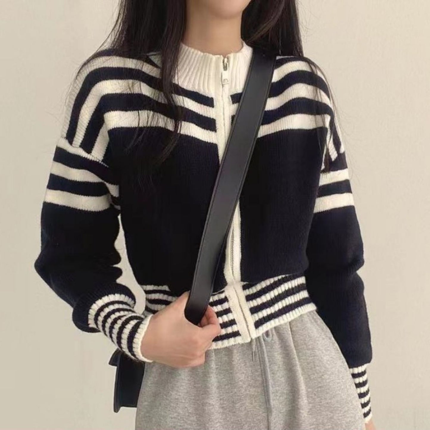 Short Long Sleeve Striped Sweater Sweater Coat