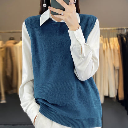 Women's Round Neck Knitted Pullover Cashmere Sweater Waistcoat Loose Wool Vest Slimming Vest