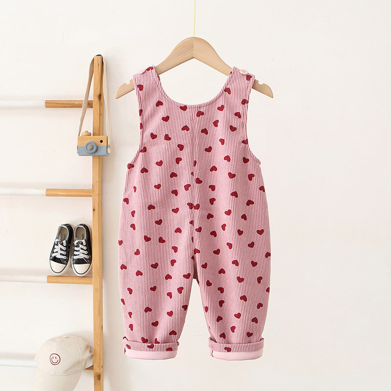 Fashion Girls Heart Printing Corduroy Overalls