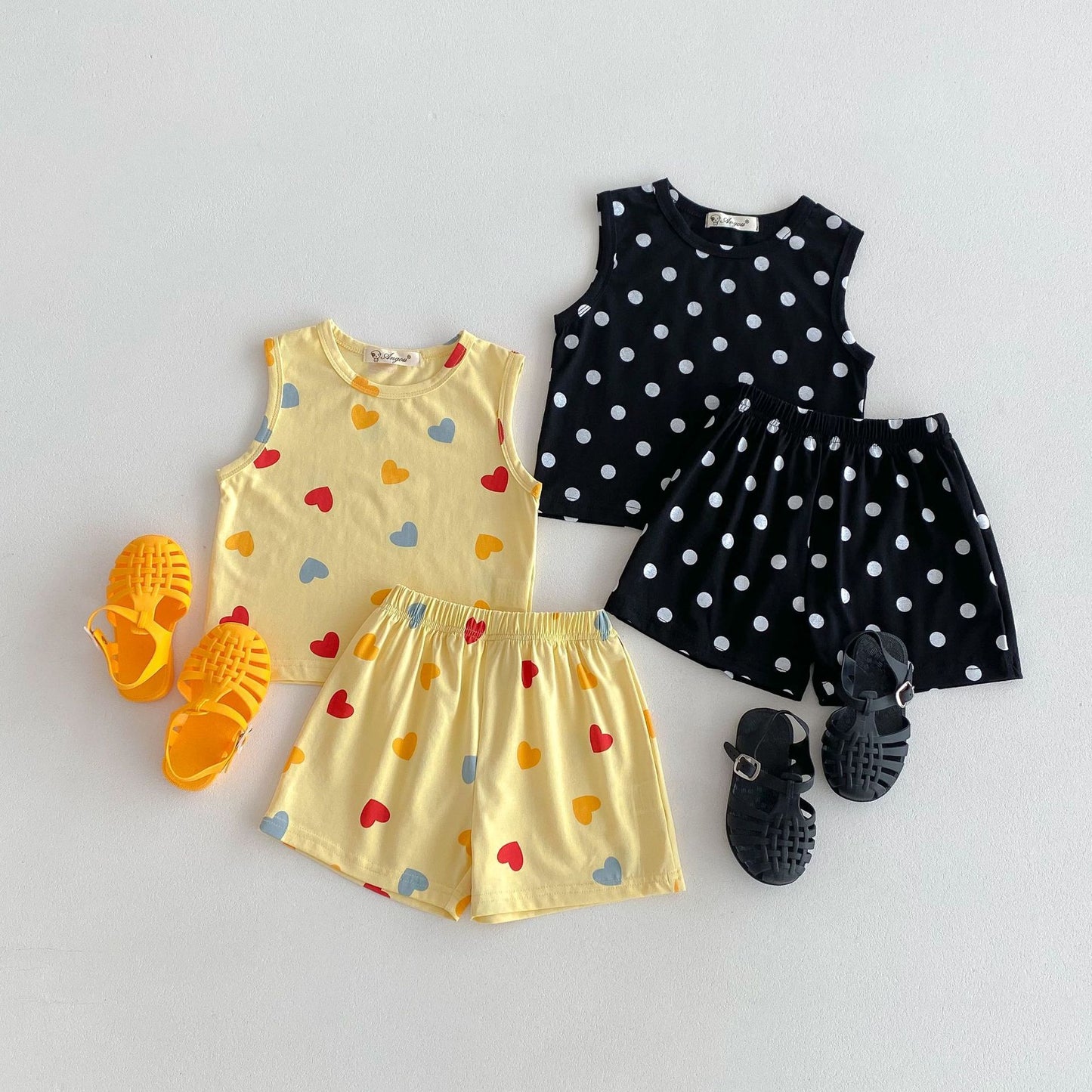 Baby Girl Thin Cotton Love Dotted Prints Vest Shorts Set