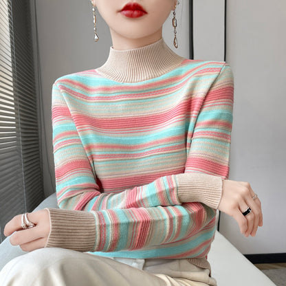 Mock-neck Stripes Wool Knitted Pullover Thick Sweater