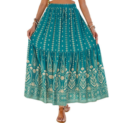 Women's Rayon Printed Stitching Skirt Wide Hem Beach Dress