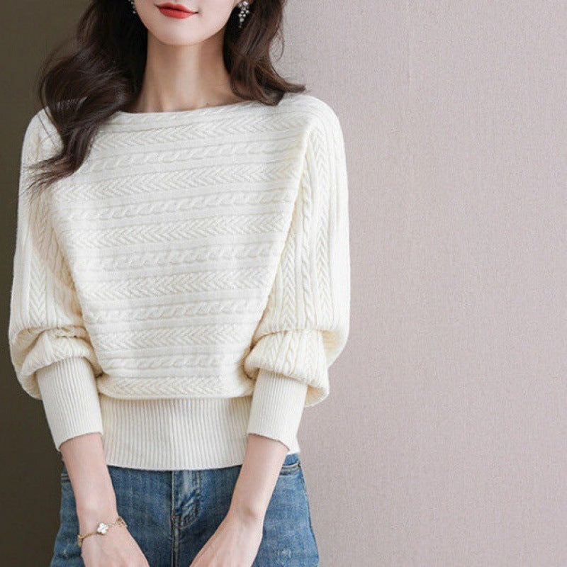 Womens Boat neck Loose-fitting Batwing Sleeve Shirt Knitted Top