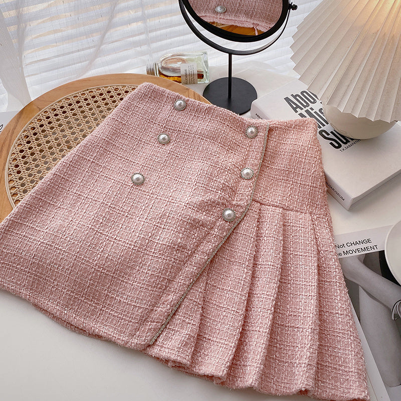 Irregular Pearl Buckle High Waist Pleated A- Line Skirt