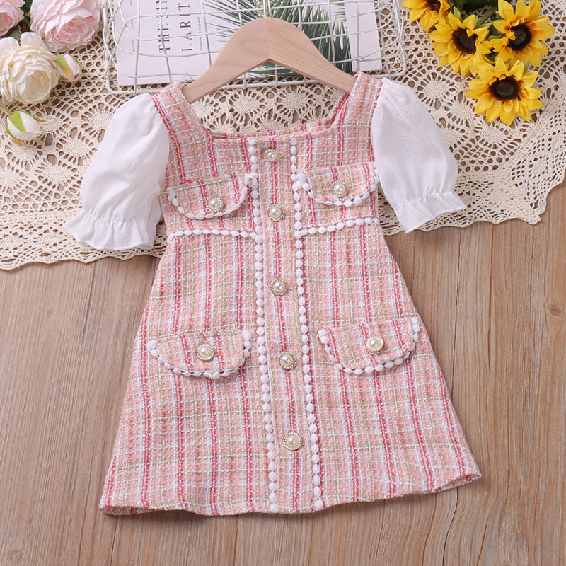 Plaid Pearl Buckle Classic Style Bubble Dress