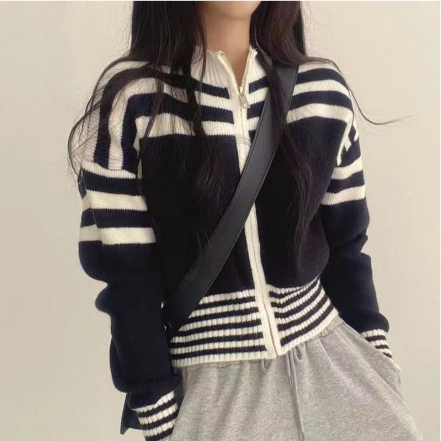 Short Long Sleeve Striped Sweater Sweater Coat