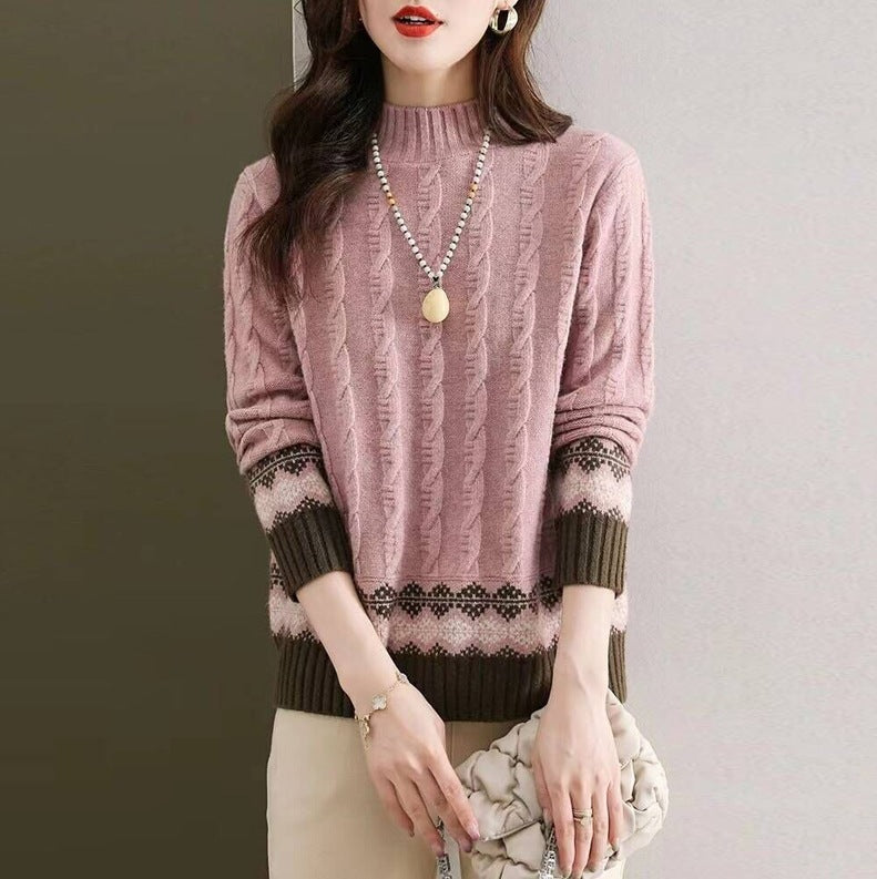 Women's Sweater Autumn And Winter New Half Turtleneck Twist Color Matching Shirt