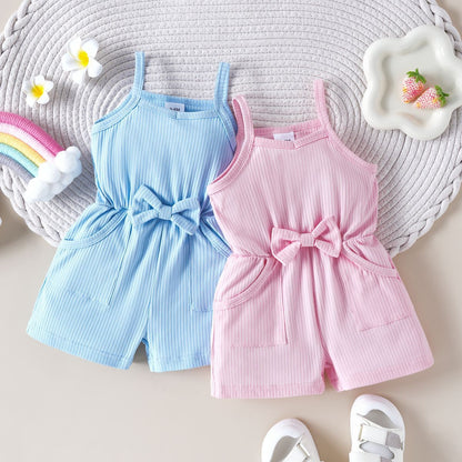 Girls' Bow Suspenders Sunken Stripe Solid Color Jumpsuit