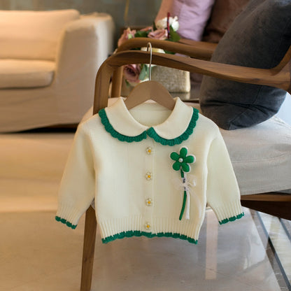 Children's Small Flower Round Neck Cardigan