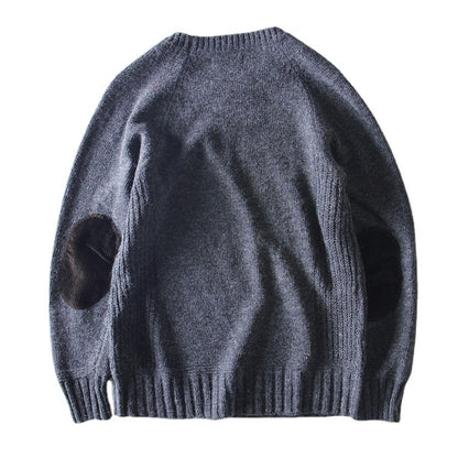 Men's Casual Round Neck Pullover Sweater Patch Raglan Sleeve