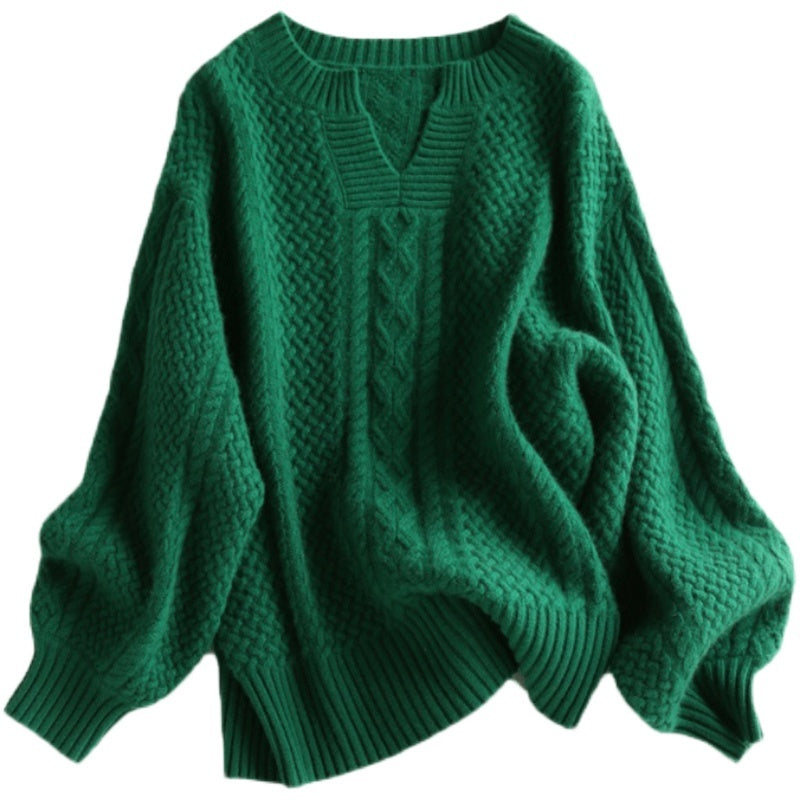 Emerald Wool Sweater Women V-neck Padded Pullover