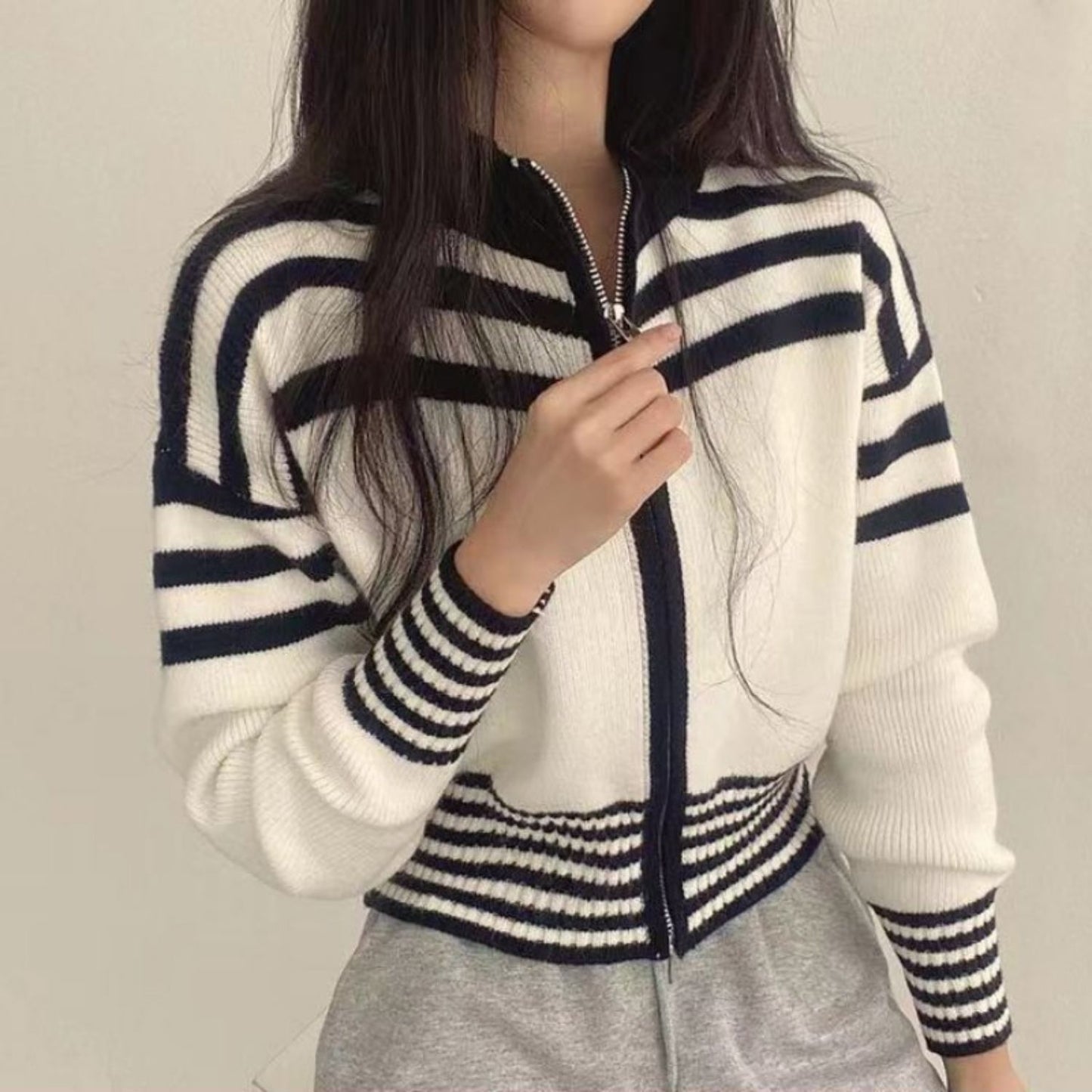 Short Long Sleeve Striped Sweater Sweater Coat