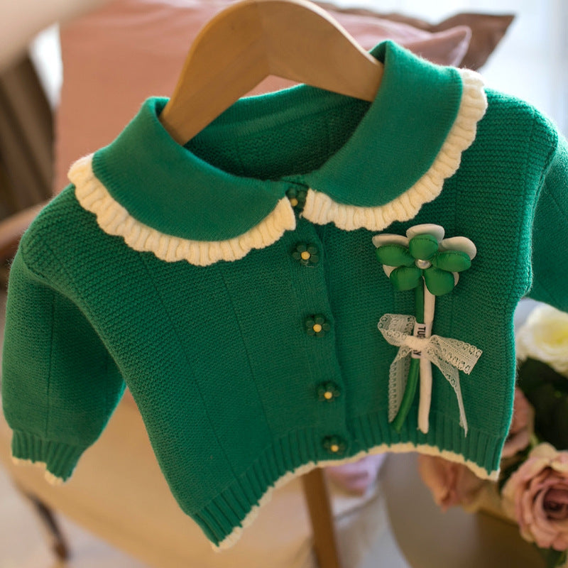 Children's Small Flower Round Neck Cardigan