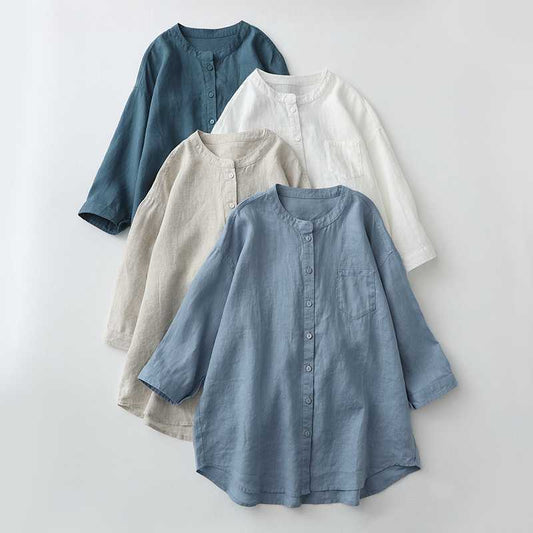 Linen Shirt Stand-up Collar White Shirt Women's Clothing