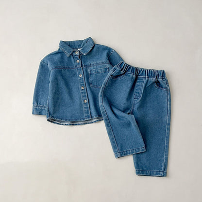 Retro Long-sleeved Shirt Denim Pants Two-piece Set