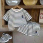 Kids Little Bear Striped Round Neck Short Sleeve Shorts