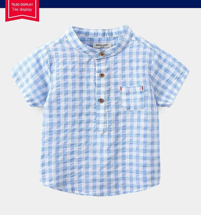 Children's Cotton Blue Short-sleeved Shirt Fashion Casual Short-sleeved Plaid Shirt