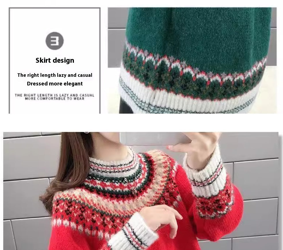 Loose Outerwear Vintage Jacquard Knit Sweater Top For Women