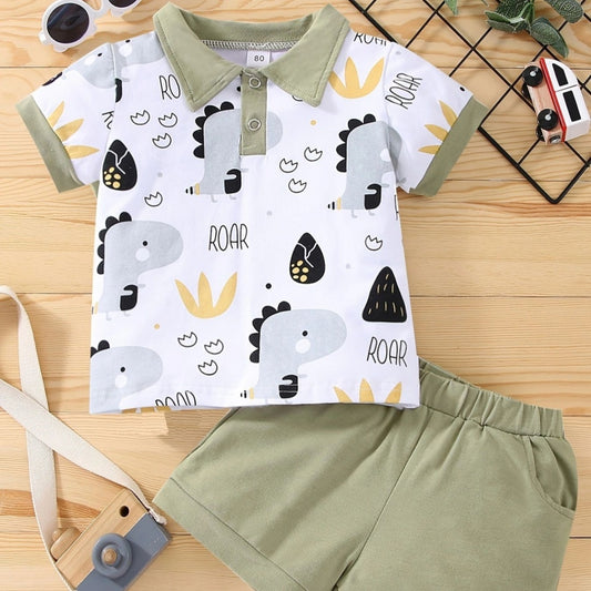 Boy's Little Dinosaur Lapel Cotton Short Sleeve Top Short Pants Suit