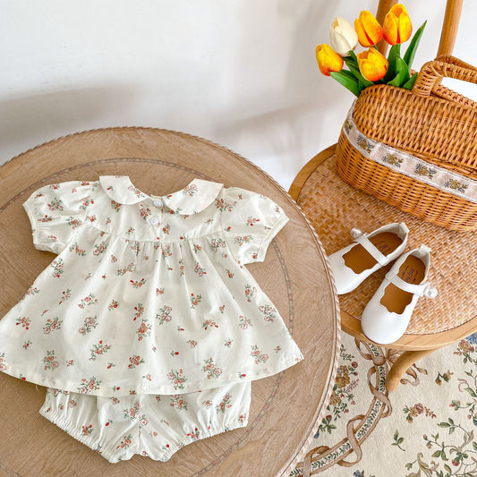 Baby Doll Collar Short Sleeve Floral Top And Bread Pants