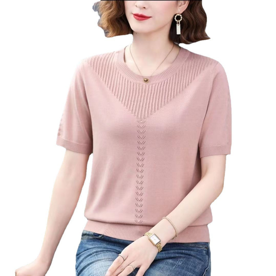 Womens Hollow-out Ice Silk Short Sleeve Round Neck Knitted Shirt