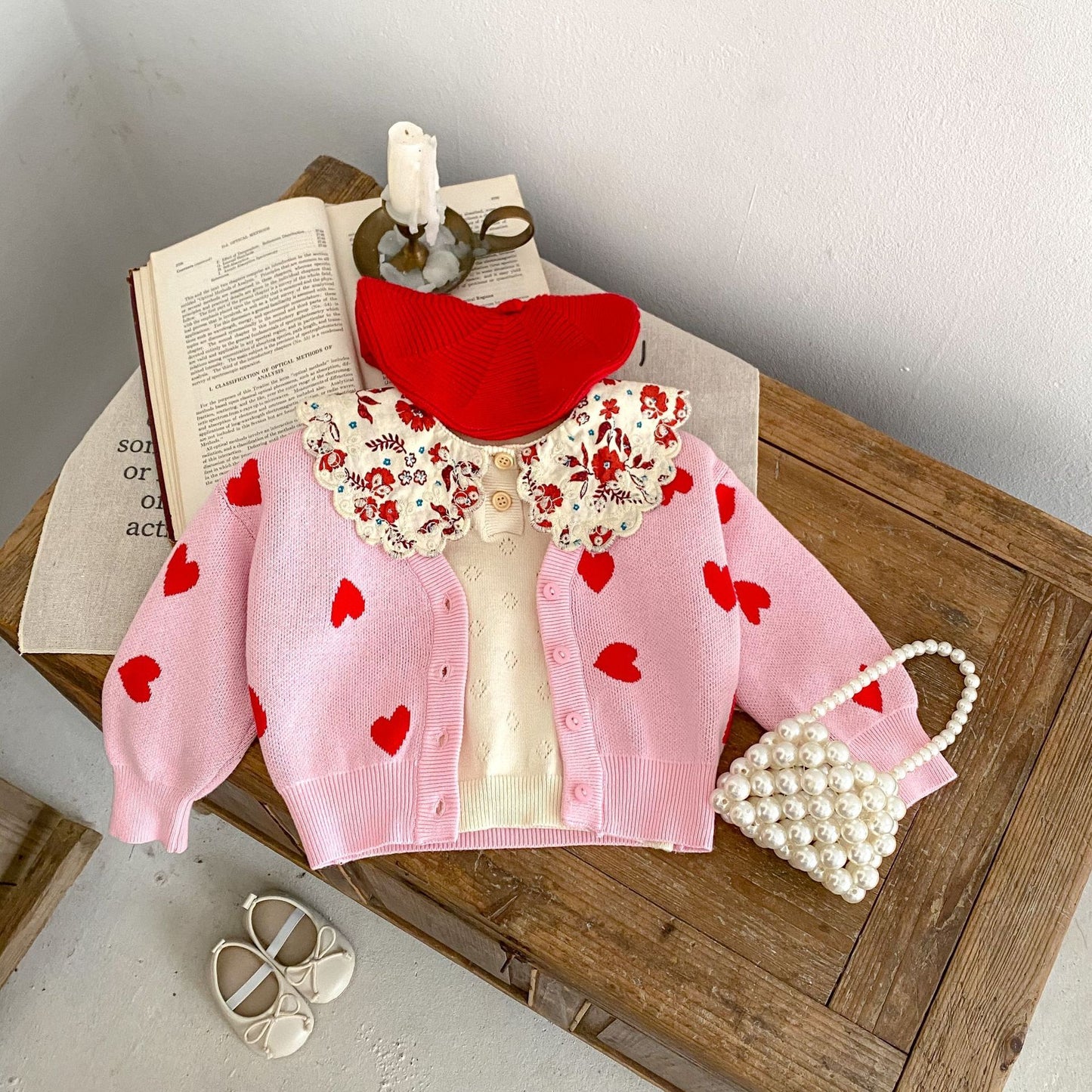 Children Pink Heart-shaped Knitted Cardigan Sweater