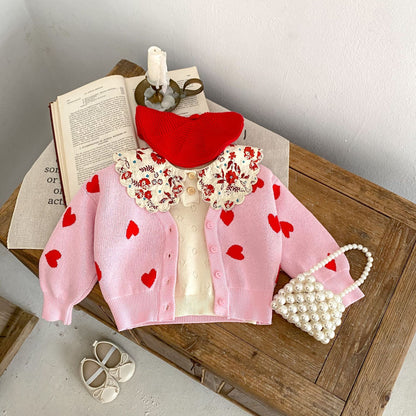 Children Pink Heart-shaped Knitted Cardigan Sweater