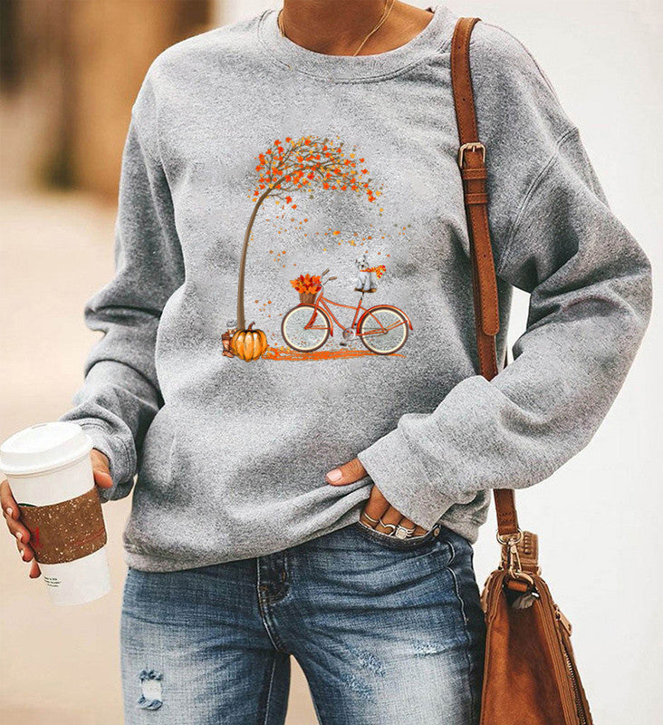 Bicycle Printing Long Sleeve Crew Neck Sweater Women