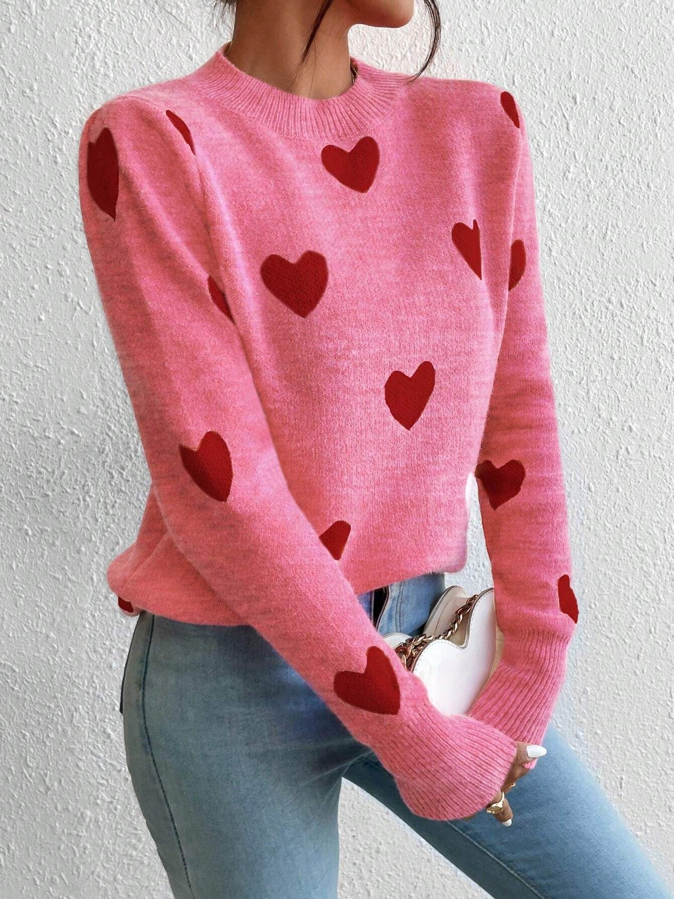 Leisure Heart Jacquard Long Sleeve Crew Neck Pullover Sweater