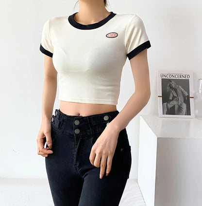 T-shirt In Contrast Color Women's Short High Waist Slim Top