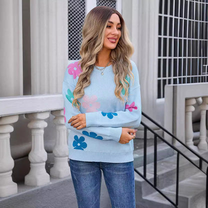 Women's Sweater Flowers Color-block Crew Neck