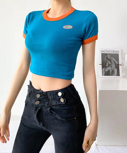 T-shirt In Contrast Color Women's Short High Waist Slim Top