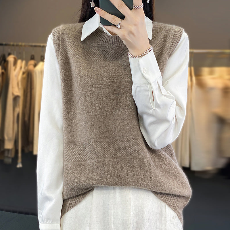 Women's Round Neck Knitted Pullover Cashmere Sweater Waistcoat Loose Wool Vest Slimming Vest