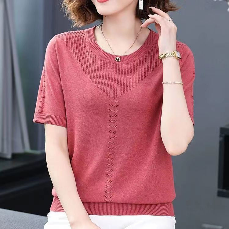 Womens Hollow-out Ice Silk Short Sleeve Round Neck Knitted Shirt