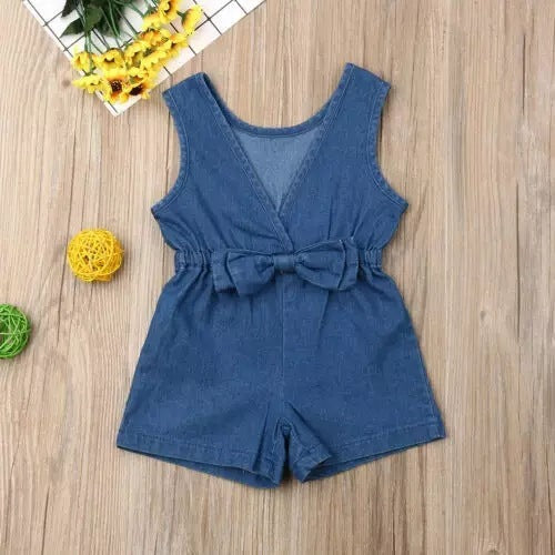 Girls' Cotton Denim Bowknot Jumpsuit