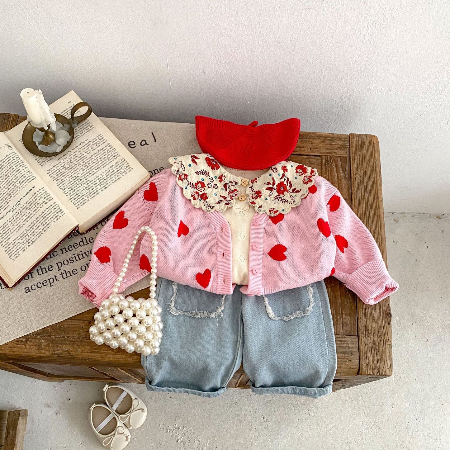 Children Pink Heart-shaped Knitted Cardigan Sweater