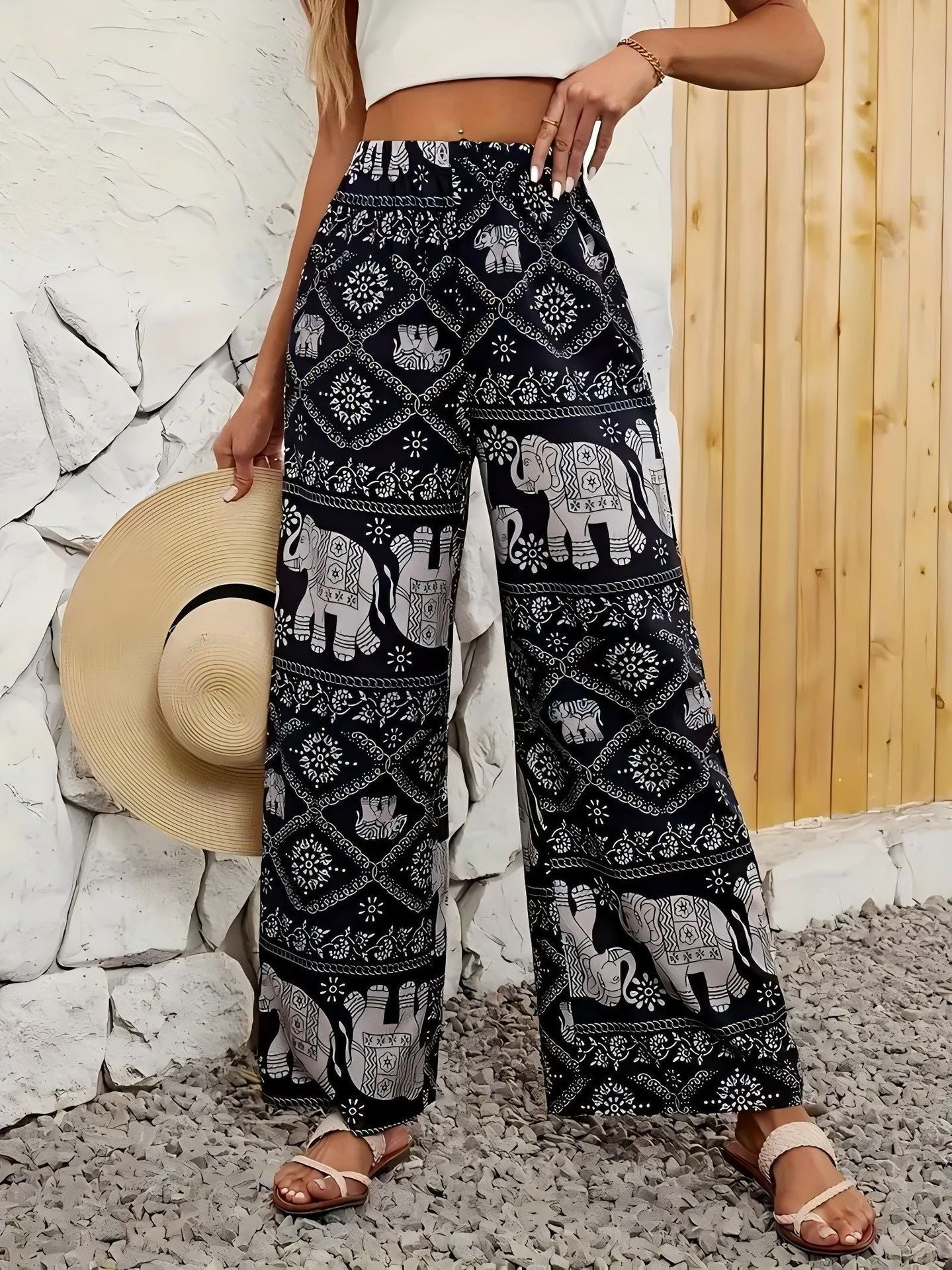 Women's Printed High Elastic Waist Loose Wide-leg Pants