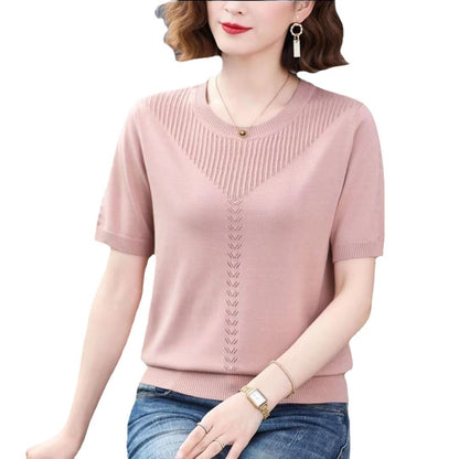 Womens Hollow-out Ice Silk Short Sleeve Round Neck Knitted Shirt