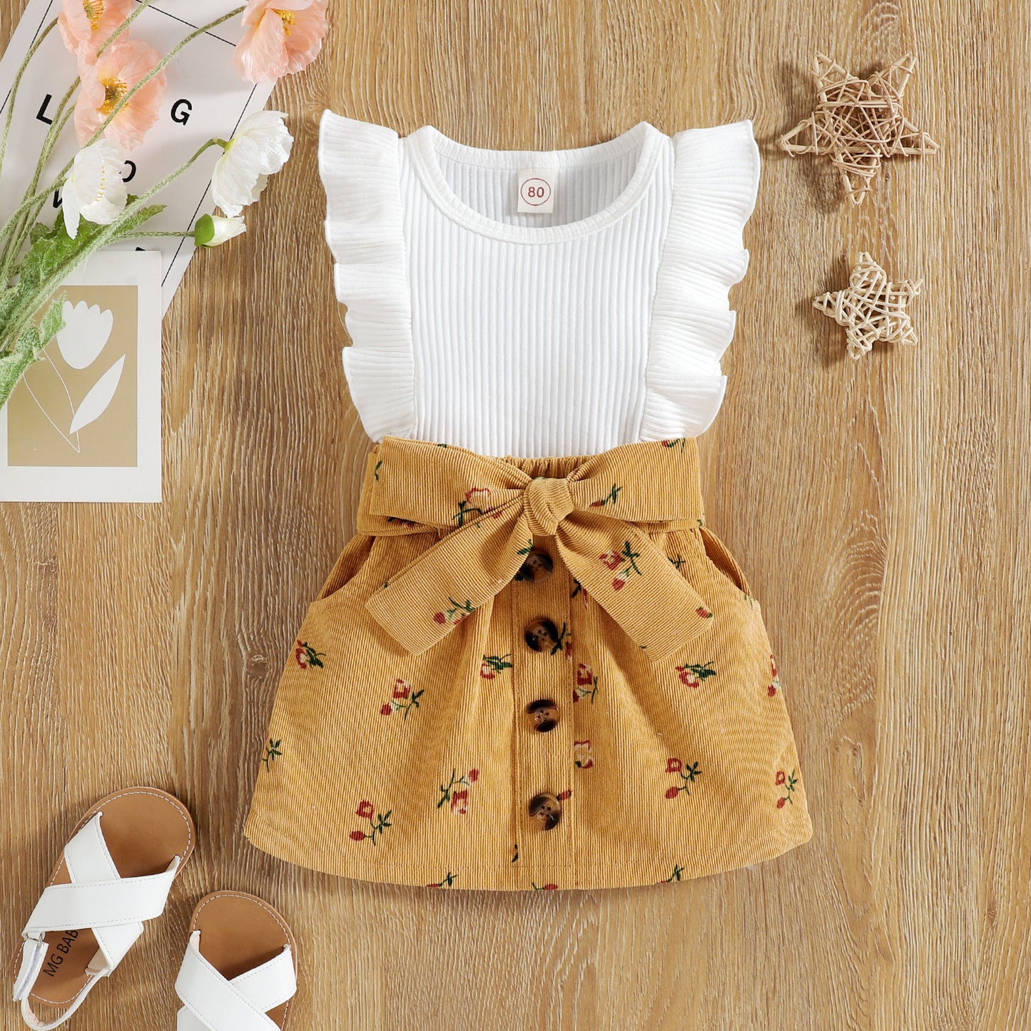 Kids Pit Strip Sleeves Floral Corduroy Skirt Two-piece Suit