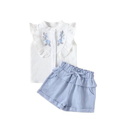 Childrens Sleeveless Embroidered Shirt Top Shorts Two-piece Set