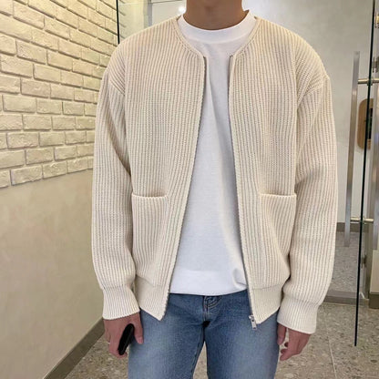 Men Zip Up Knitted Cardigan Lined Funnel Neck Jumper Sweater