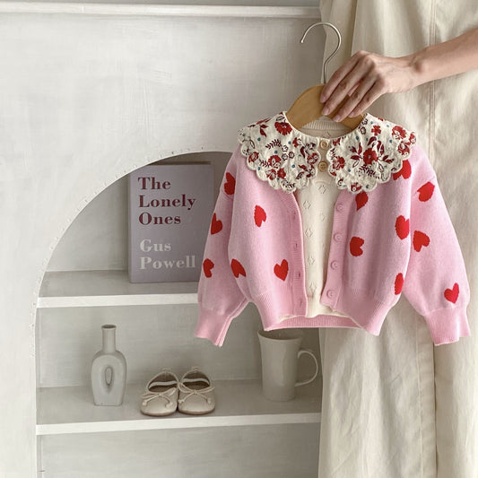 Children Pink Heart-shaped Knitted Cardigan Sweater