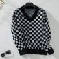 V-neck Sweater Loose Pullover Chessboard Plaid Color Matching Sweater