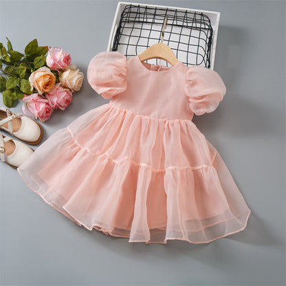 Girls Princess Mesh Puff Sleeve Dress