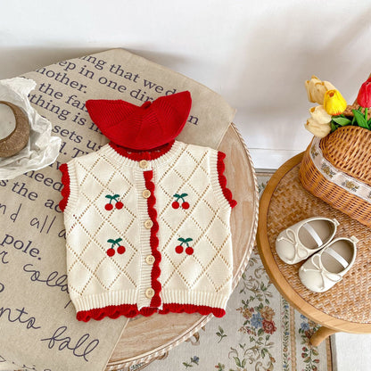 Children Cherry Embroidery Red-edged Knitted Coat