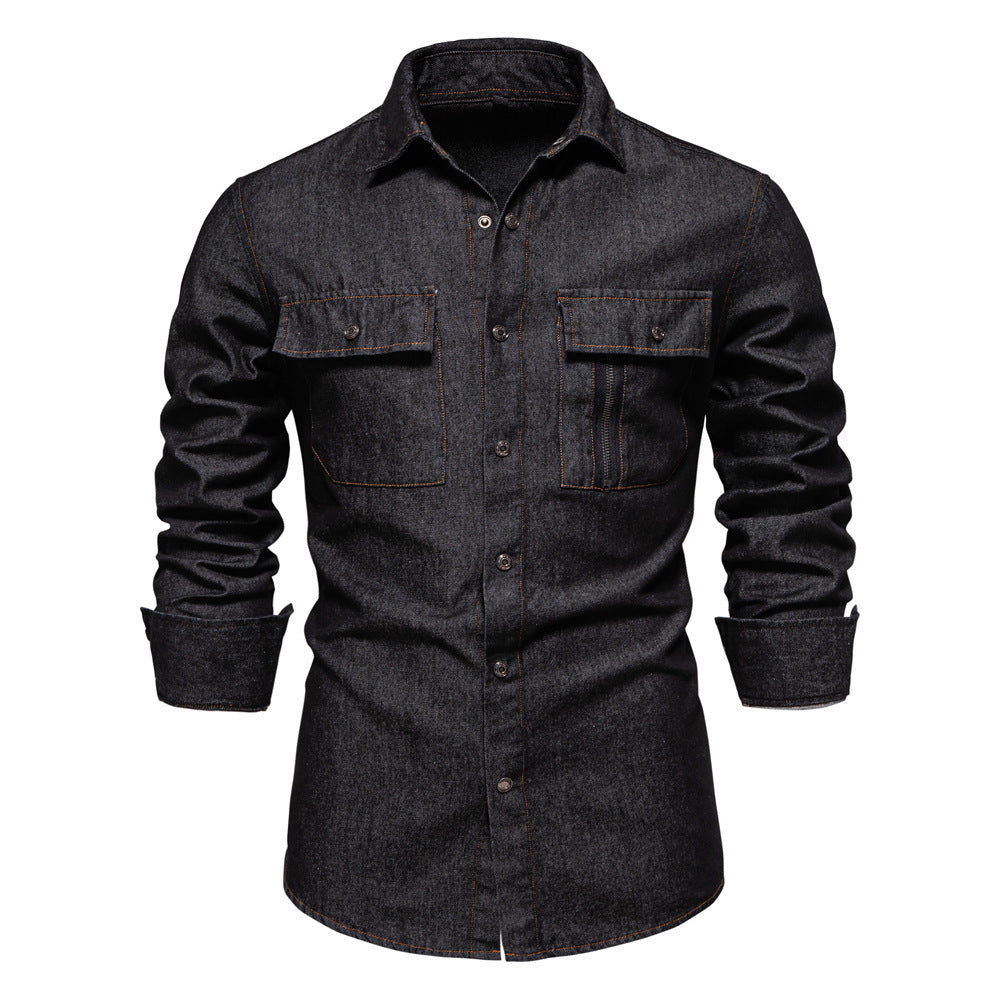 Casual Pure Color Cotton Long Sleeve Washed Shirt