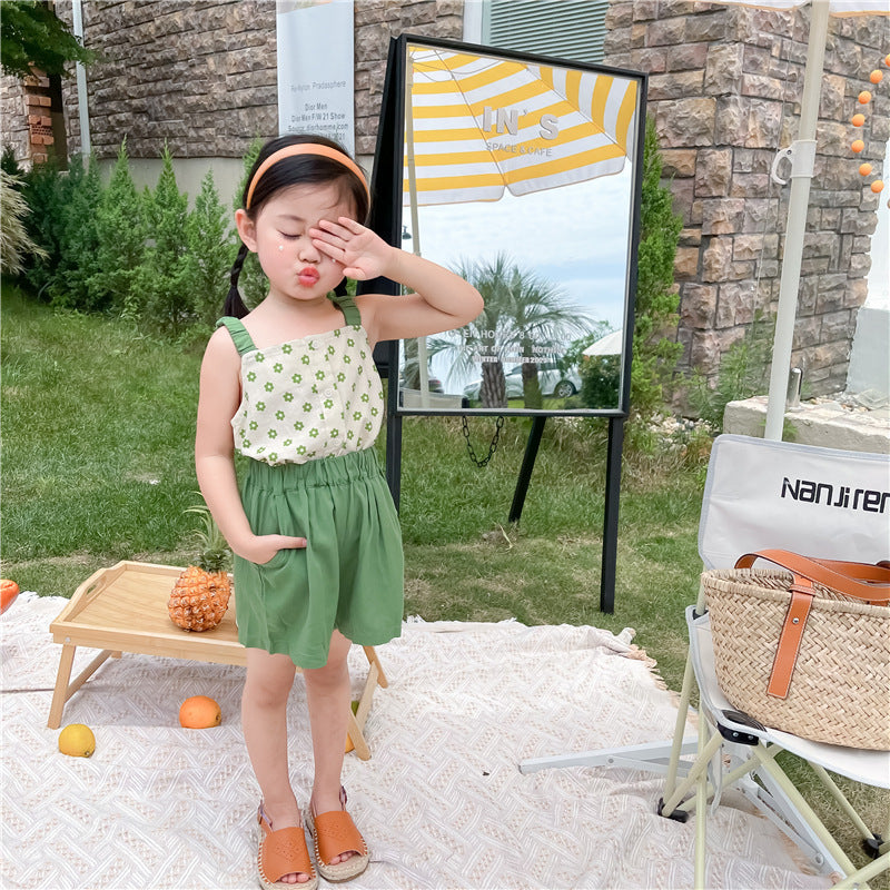 Girl Green Flower Camisole Top And  Shorts Two-piece Suit